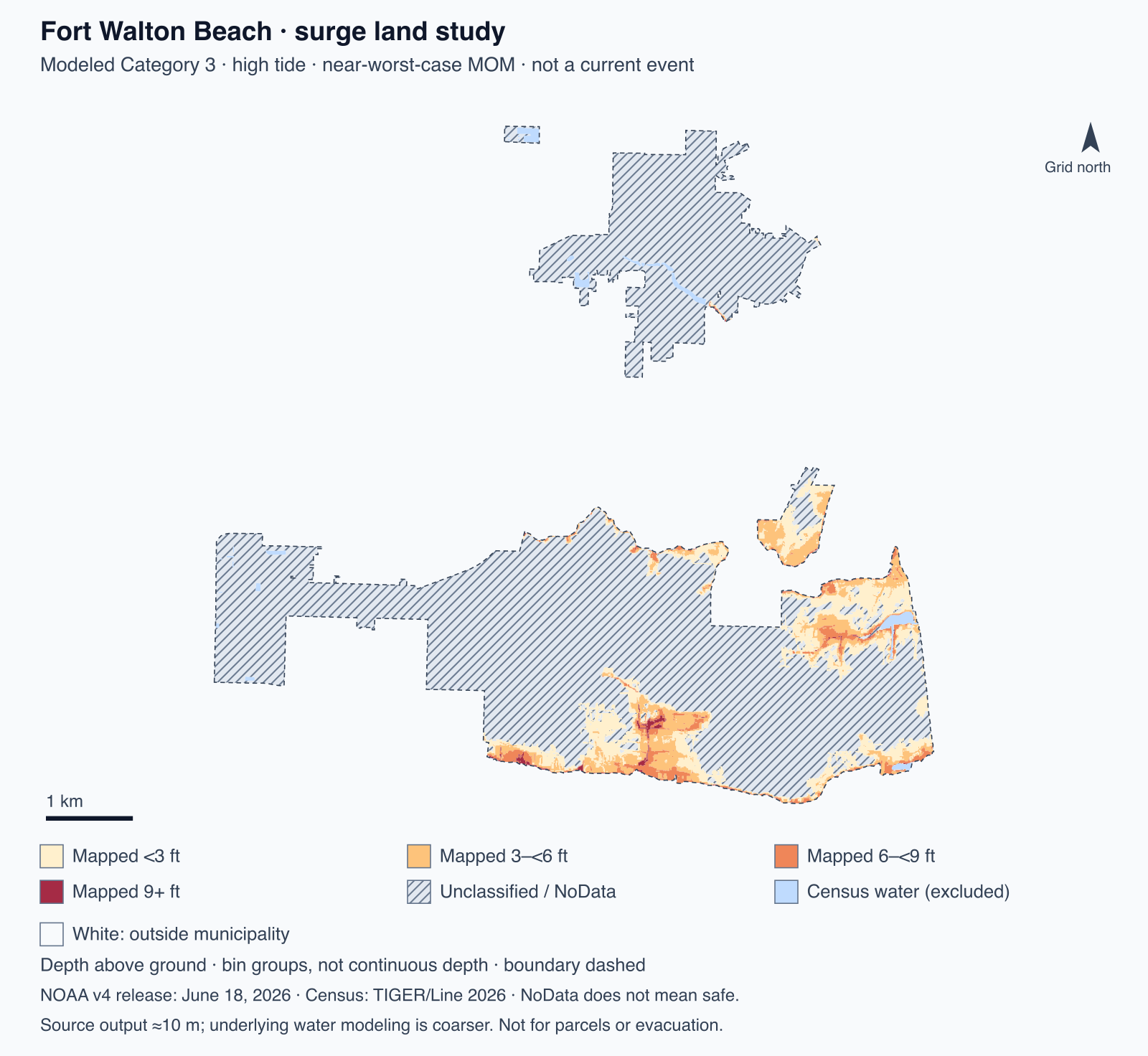 Fort Walton Beach: modeled Category 3 high-tide near-worst-case surge depth classes on Census land. 83.7% is unclassified NoData, not established dry or safe land. Blue water is excluded. The adjacent table gives the complete breakdown.